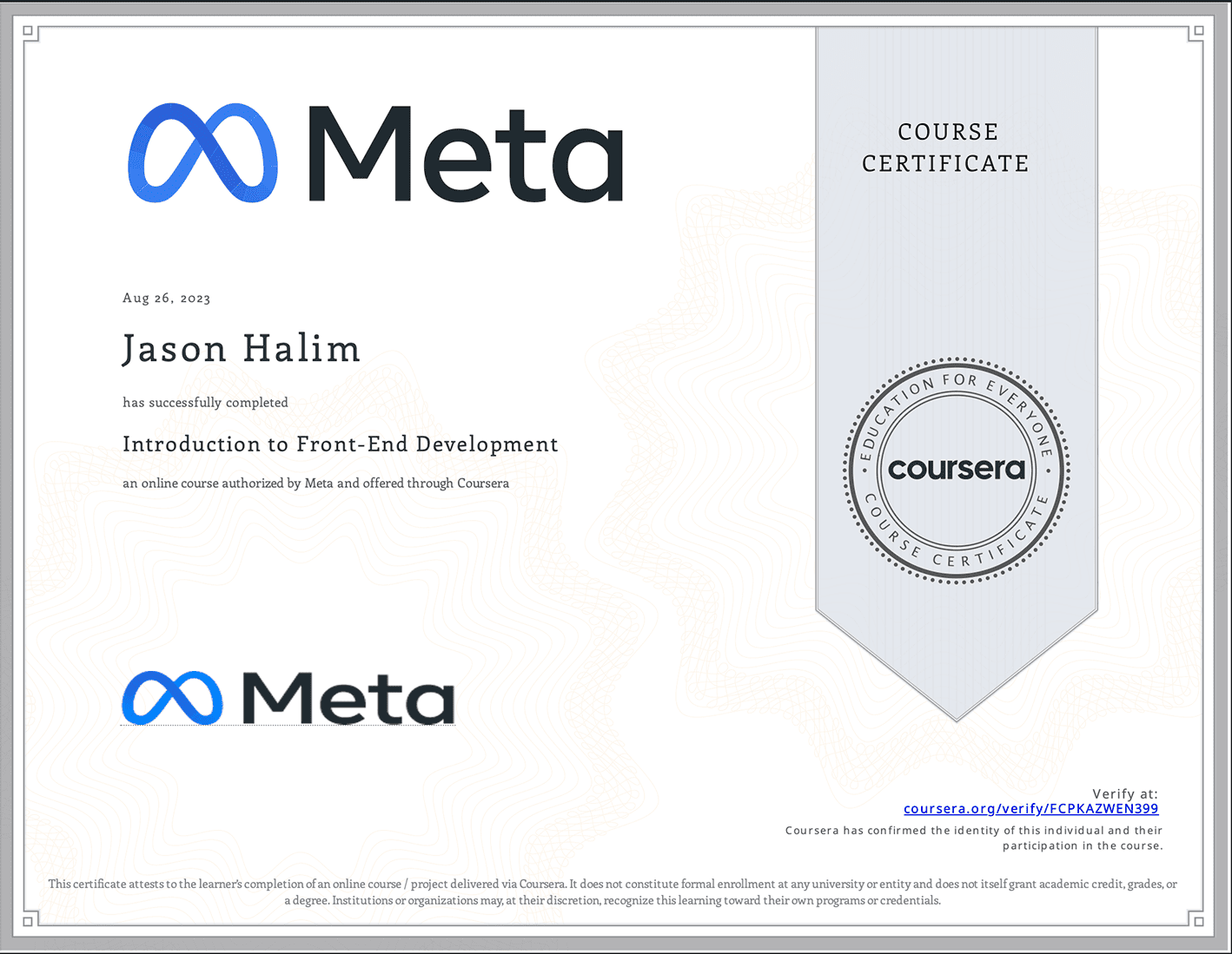 Meta certificate