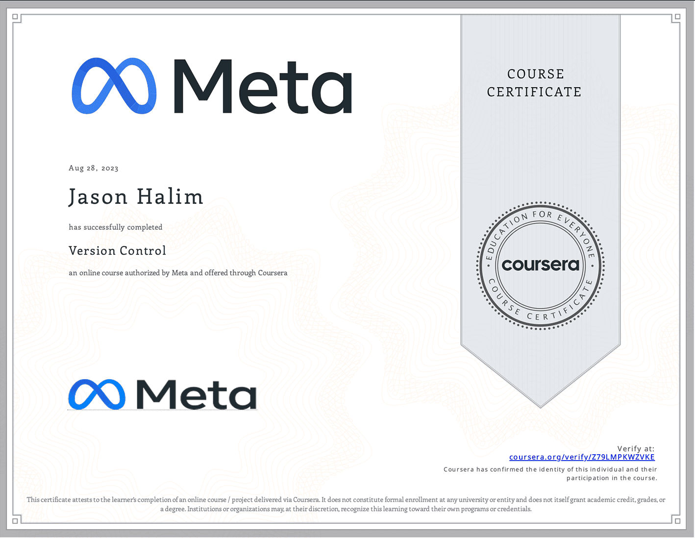 Meta certificate